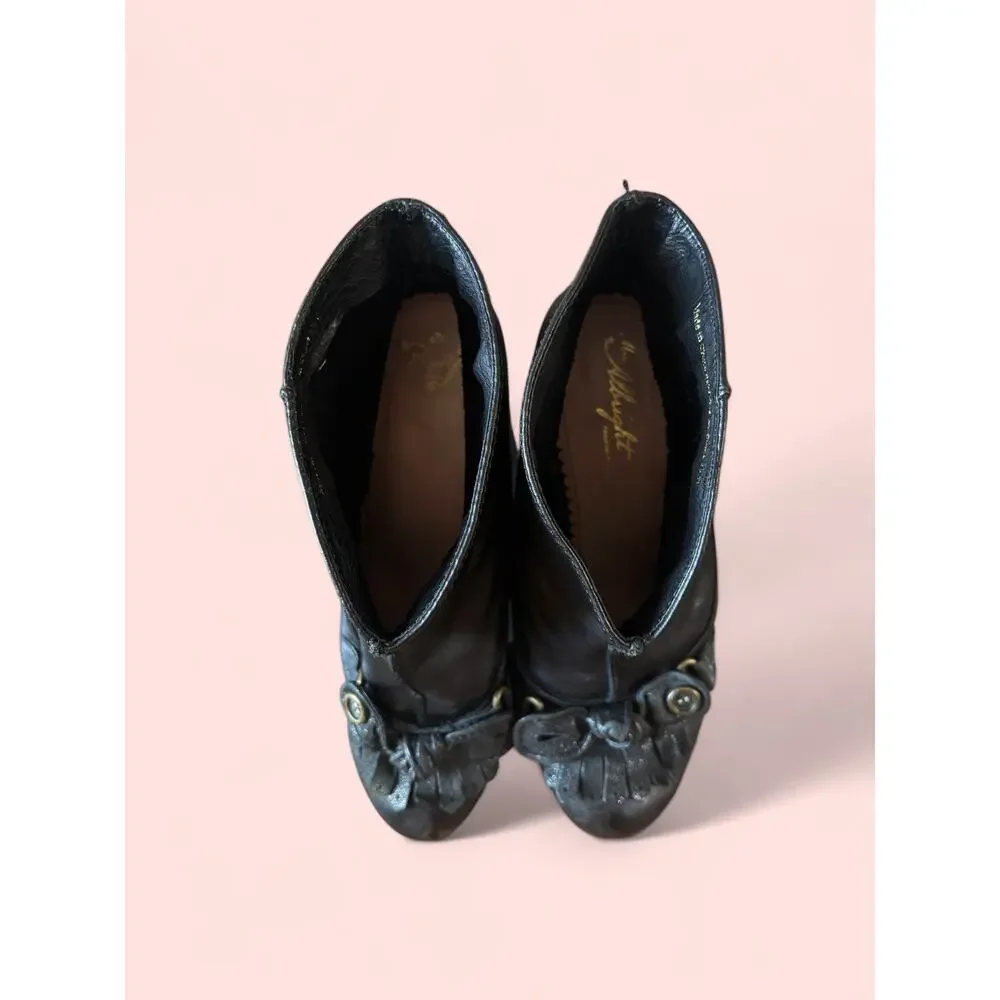 Miss Albright Black Leather Kiltie Cone Heel Ankle Booties Size 8.5